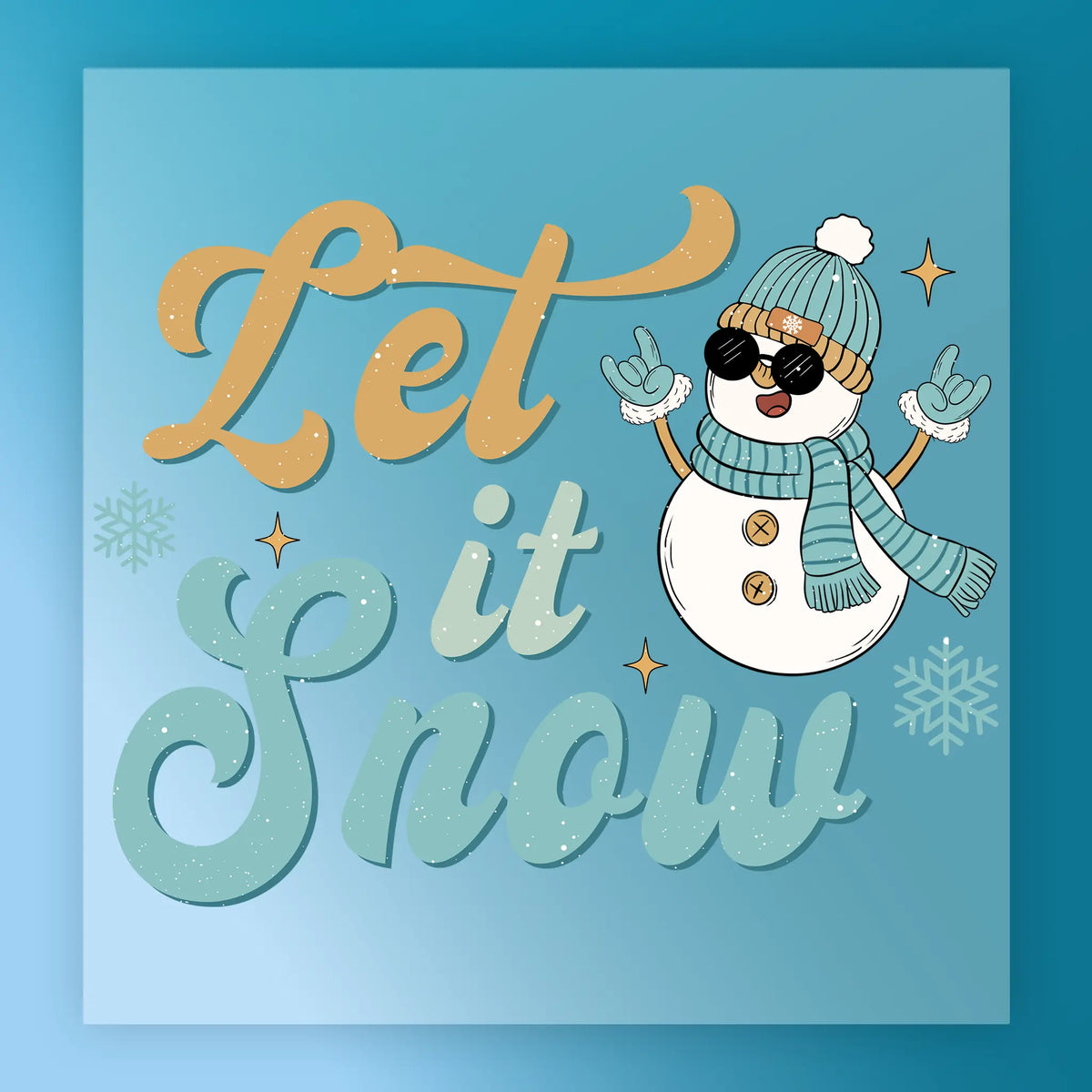 InkMerge’s Let It Snow Rock Snowman - Heat Press Ready features a cool snowman with sunglasses, beanie, scarf, and gloves making a rock gesture. With snowflakes and bold orange-blue "Let it Snow" script, it's perfect for holiday DTF or heat press projects.