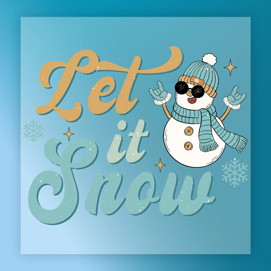 InkMerge’s Let It Snow Rock Snowman - Heat Press Ready features a cool snowman with sunglasses, beanie, scarf, and gloves making a rock gesture. With snowflakes and bold orange-blue "Let it Snow" script, it's perfect for holiday DTF or heat press projects.