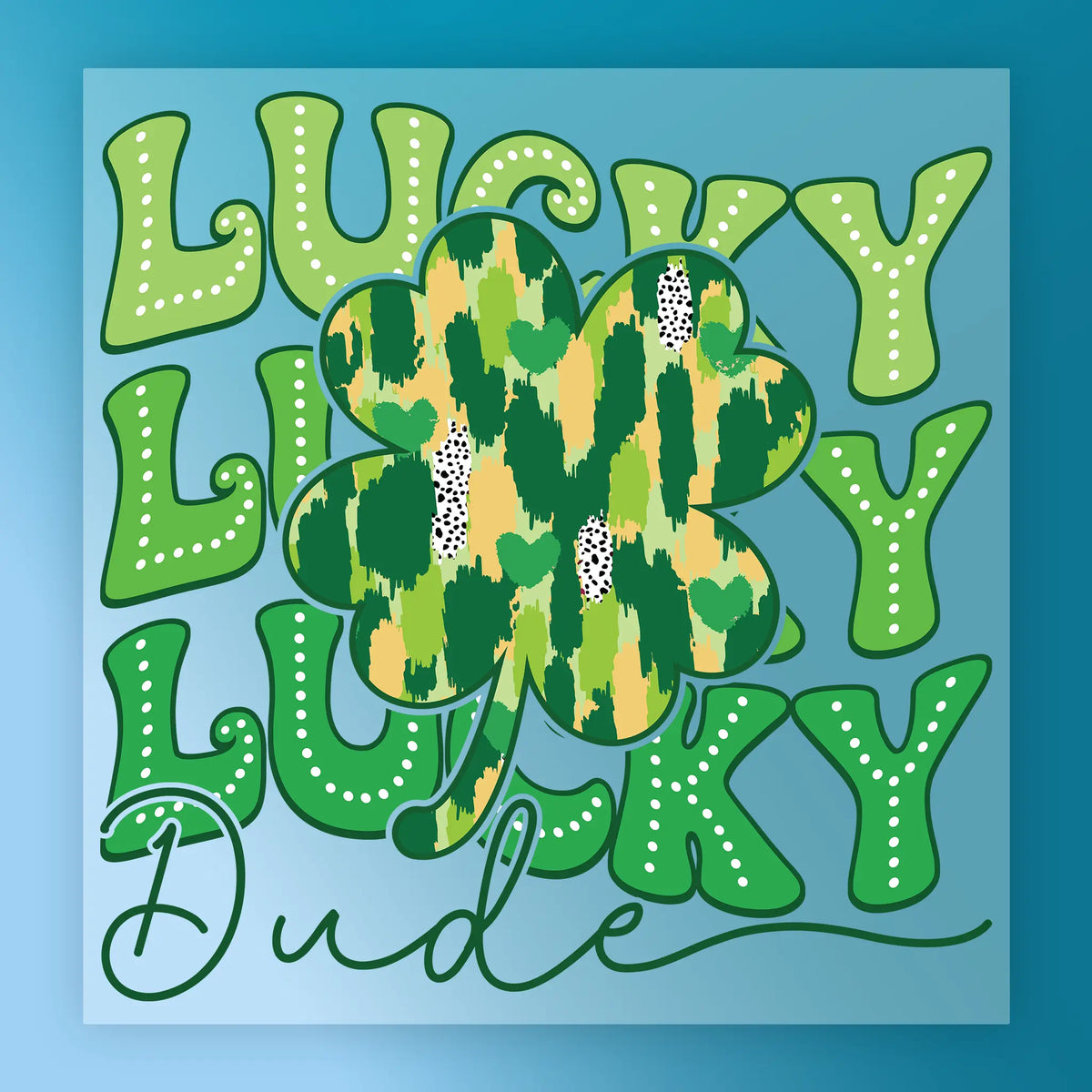 a stylized clover with the word "Lucky" written around it, creating a visually appealing and playful design.