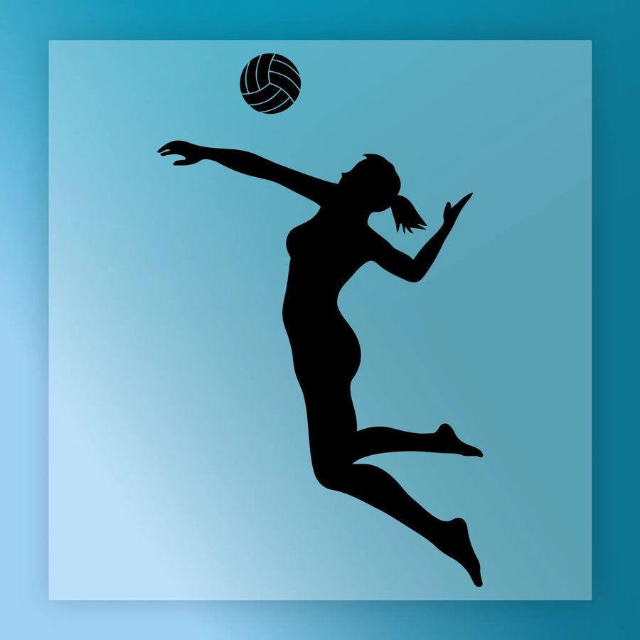 A silhouette of a person playing volleyball, with the ball in the air above their head.