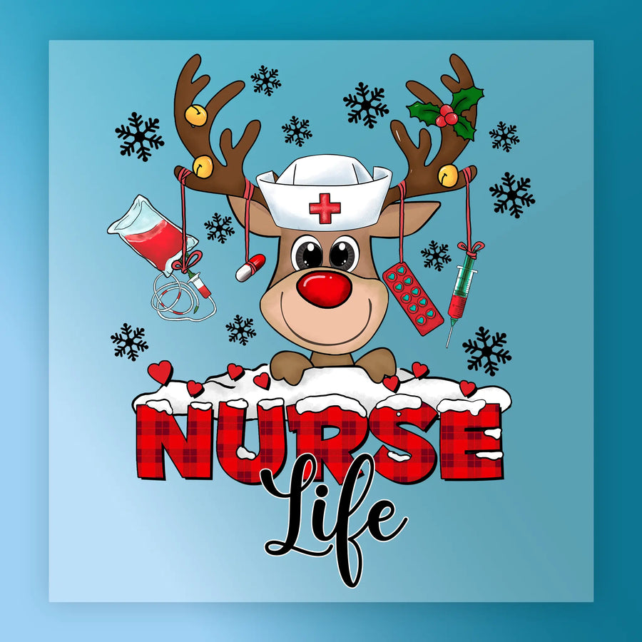 The InkMerge Nurse Life Reindeer Christmas Design features a cartoon reindeer with a nurse hat, medical items on its antlers, red hearts, and snowflakes on blue—perfect for DTF transfers or heat press.