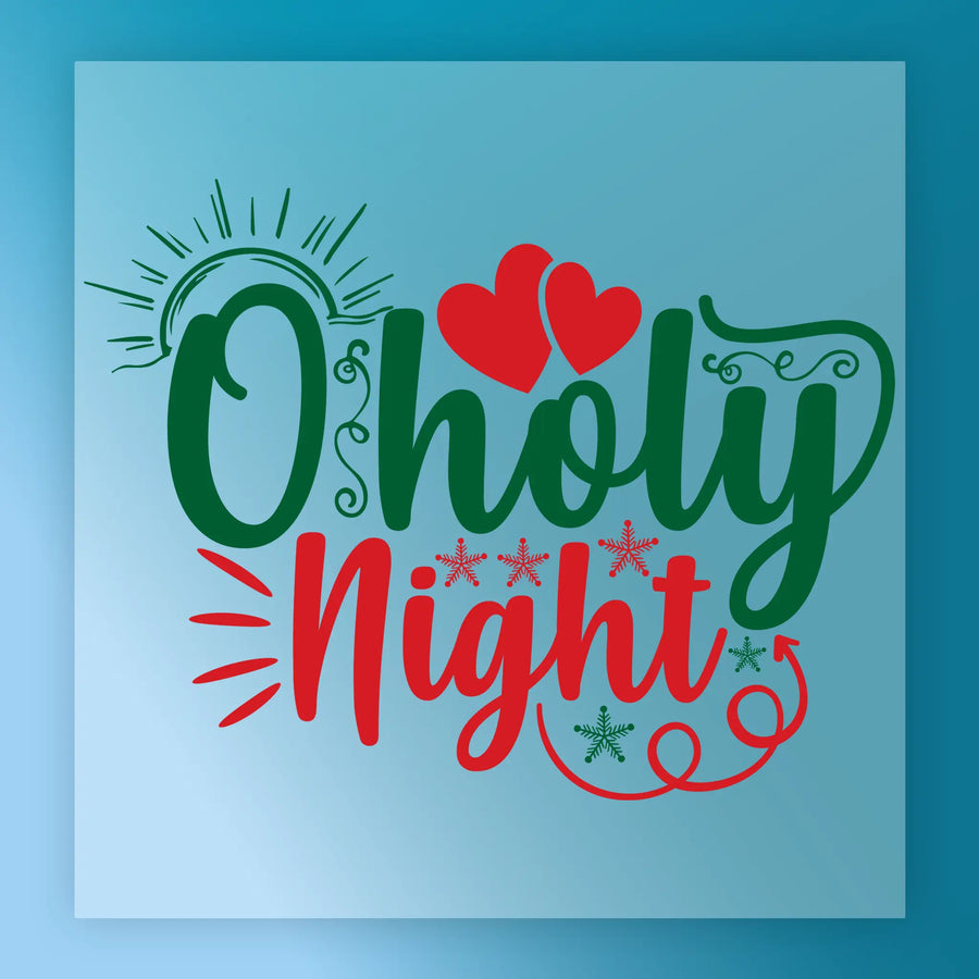 InkMerge’s O Holy Night Festive Design features “O Holy Night” text art in green and red with two red hearts, stylized sun, stars, swirls, and accents on light blue—ideal for DTF transfers or custom apparel.