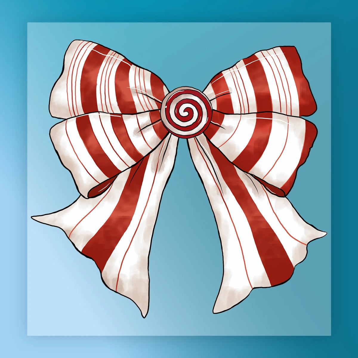 The InkMerge Candy Cane Spiral Bow features bold red and white stripes with a peppermint swirl center on a blue gradient—ideal as a premium DTF film design for heat press use.