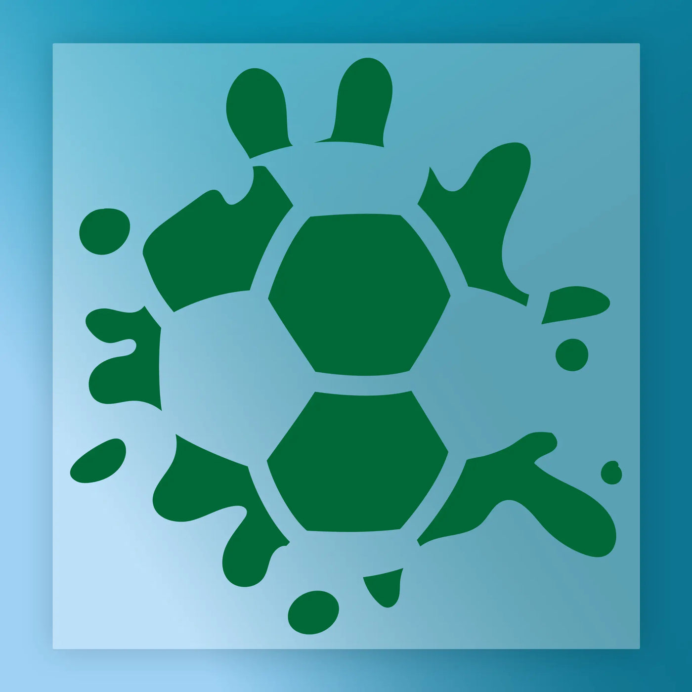 A green soccer ball with splashes of water surrounding it, set against a blue background.