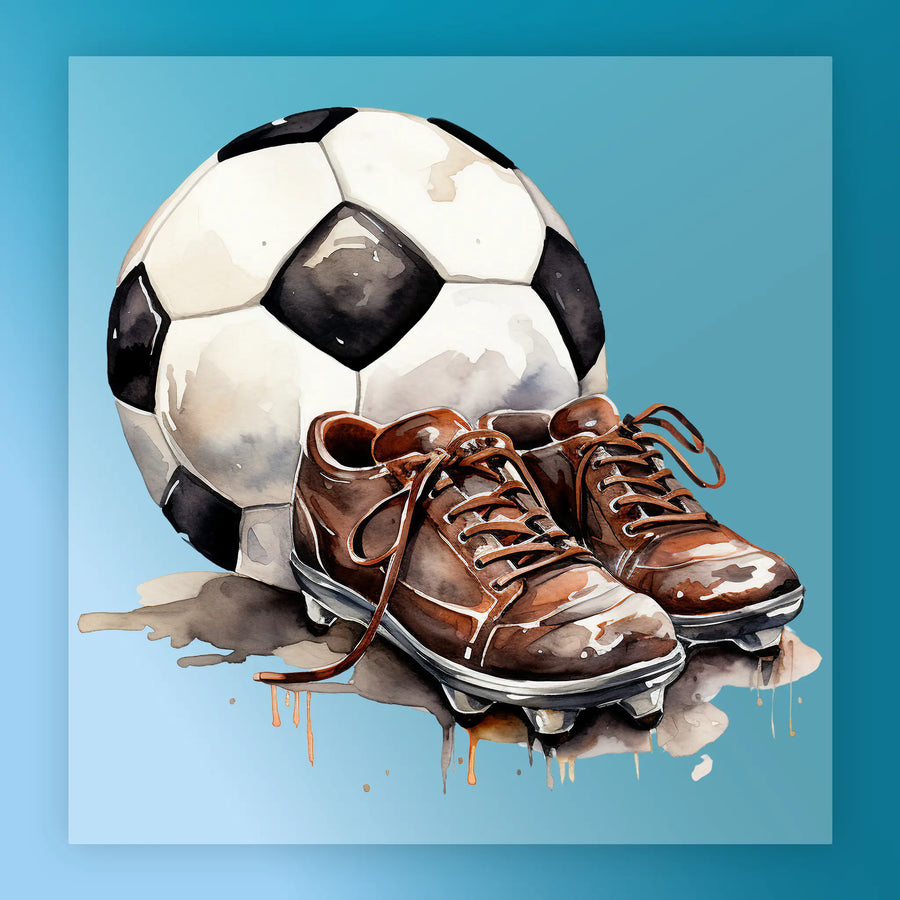 A pair of brown cleats and a white and black soccer ball are depicted in the image.