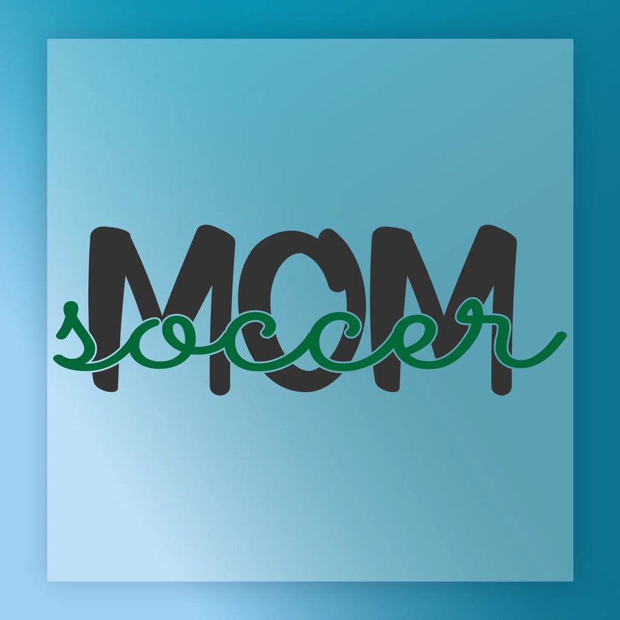 the word "MOM" written in stylized text, with the letters "M" and "O" in a larger font size than the "C" and "O" in the word "SOCCER".
