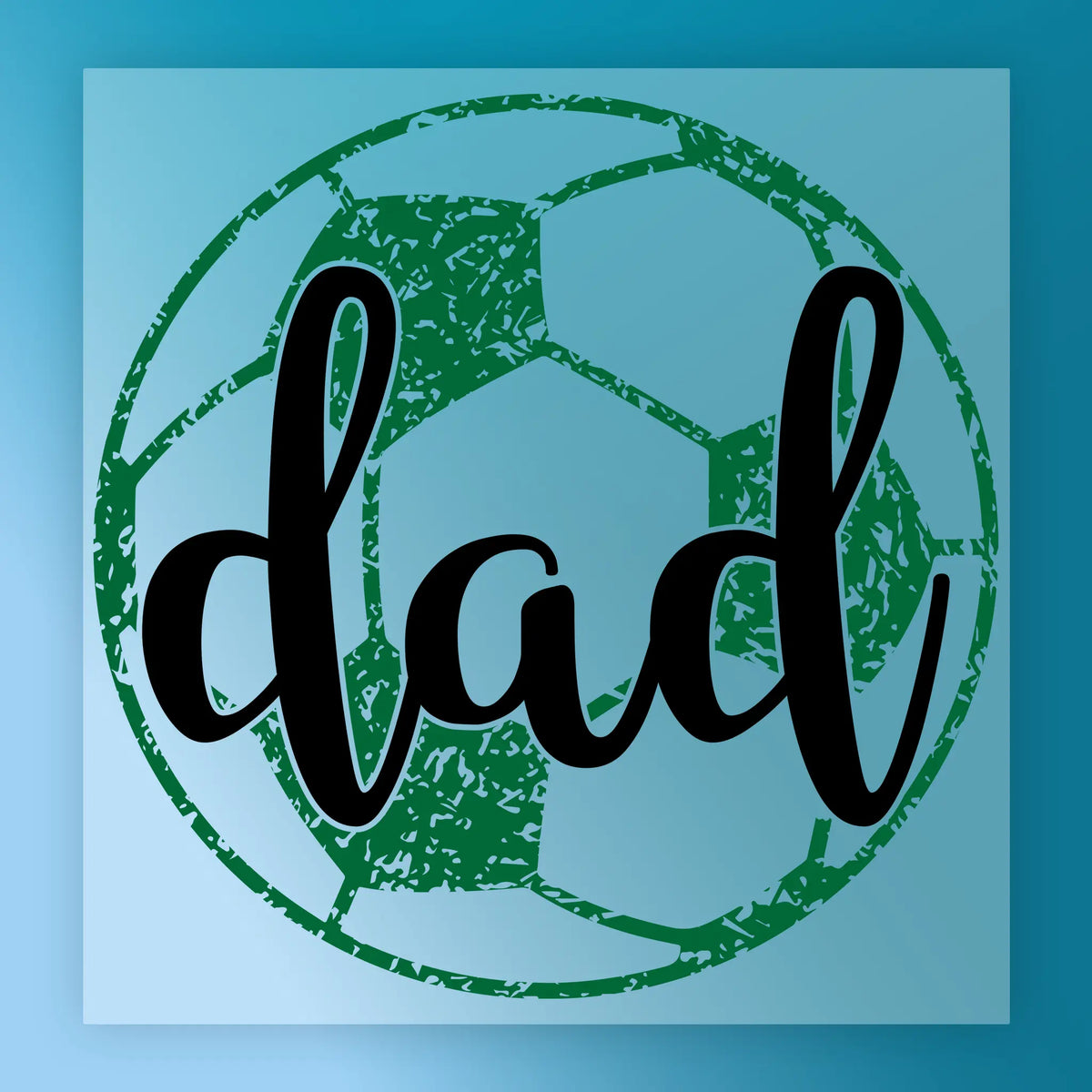 A graphic design featuring a soccer ball with the word "dad" written on it in a stylized font.