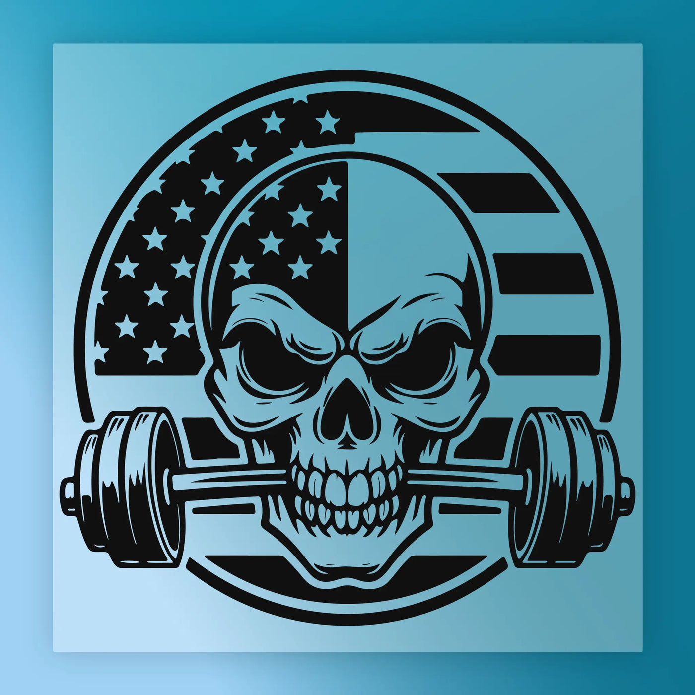 A skull with a barbell on its head, representing strength and fitness.