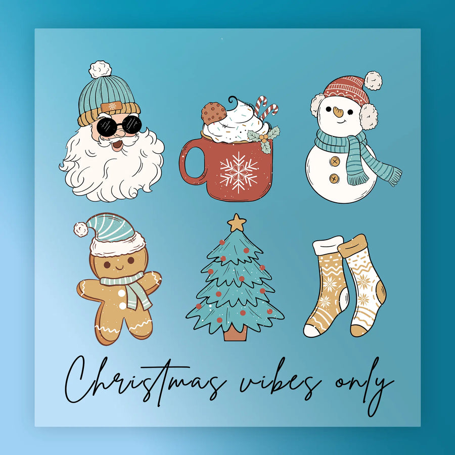 The Whimsical Christmas Design by InkMerge features Santa with sunglasses, a festive mug, cheerful snowman, gingerbread cookie, decorated tree, and cozy socks. Ready-to-press DTF transfer. Text: “Christmas vibes only.”.
