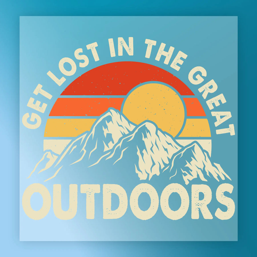The InkMerge Take A Hike Retro Mountain Sunset features snow-capped peaks and an orange-yellow striped sky with "Get lost in the great outdoors"—ideal for DTF transfer or heat press designs.