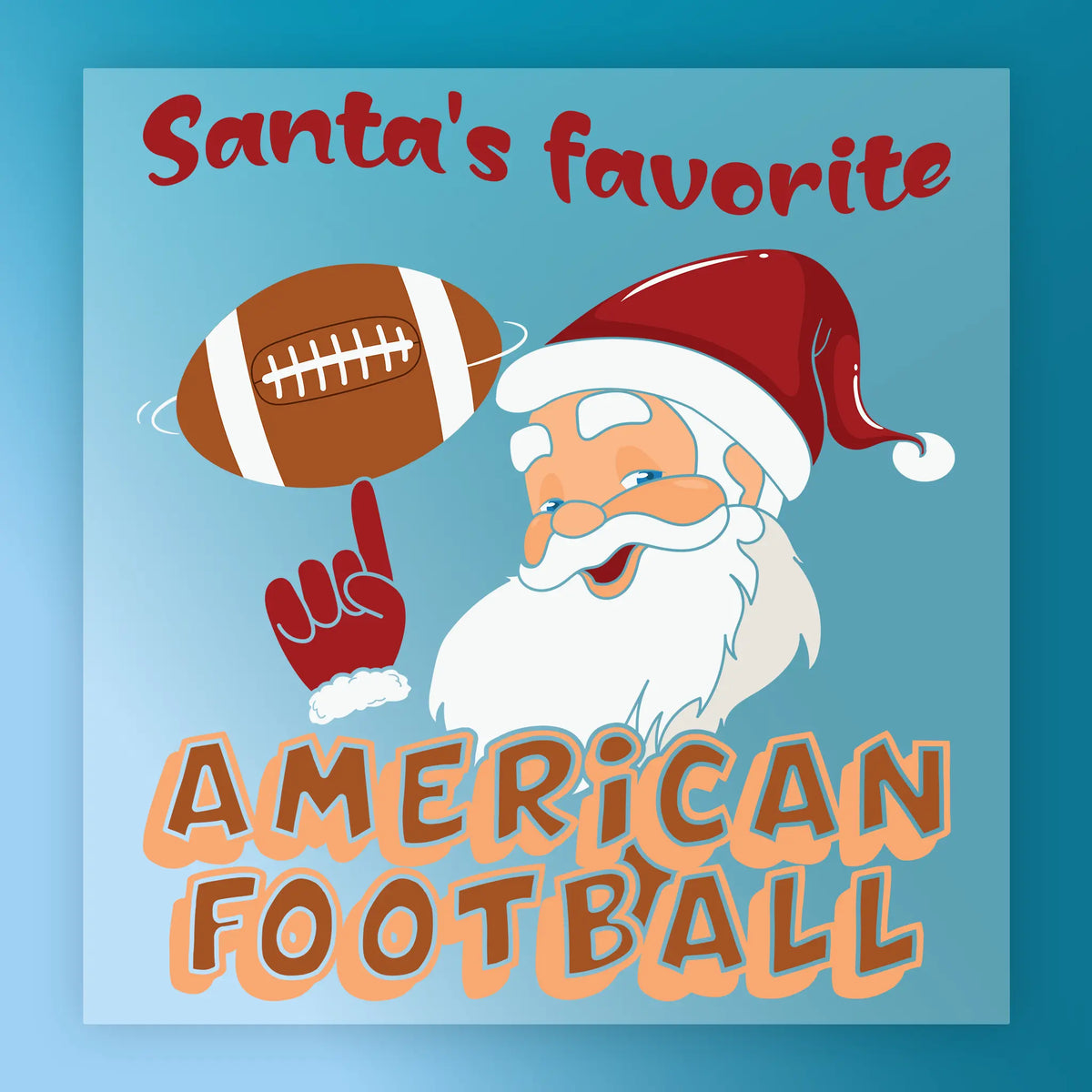 InkMerge’s “Santa’s Favorite American Football” design features Santa in a red hat, smiling and pointing at a spinning football with bold text on a blue background—ideal for your game day DTF transfer projects.
