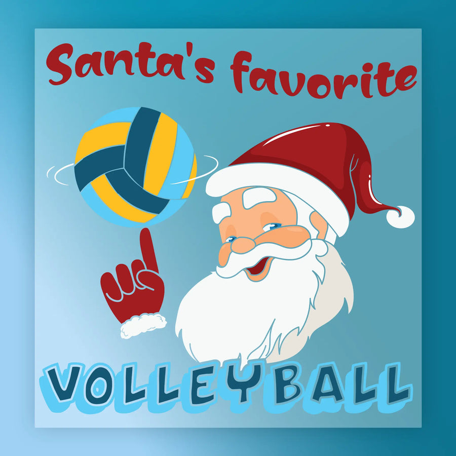 Cartoon Santa Claus in a red hat spins a blue and yellow volleyball on his finger. Text reads "Santa's Favorite Volleyball" on blue. InkMerge’s Santa's Favorite Volleyball - Heat Press Ready is perfect for festive DTF transfers or projects.