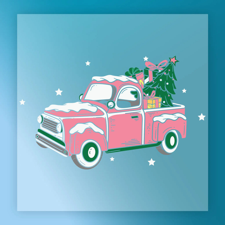 The Vintage Pink Christmas Truck Design by InkMerge features a snow-covered truck with a decorated tree and gifts against a blue starry background—ideal for festive DTF transfers or holiday heat press projects.
