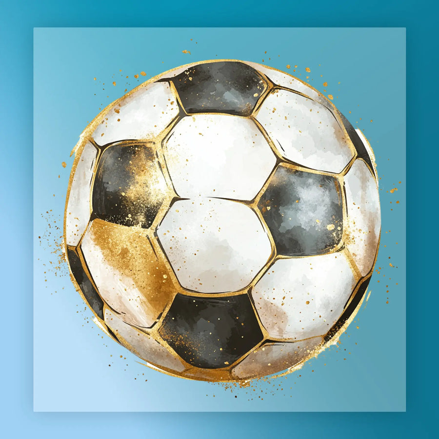 A watercolor painting of a soccer ball with a gold and black pattern, set against a blue background.