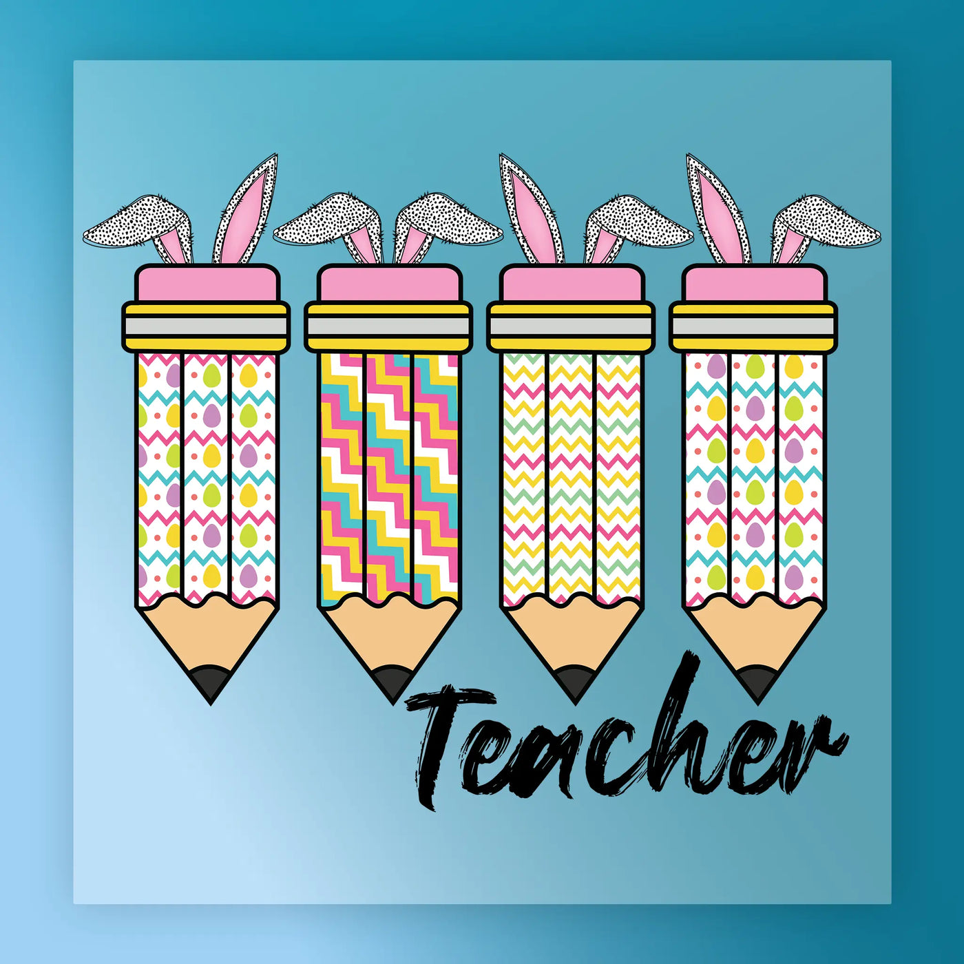 A collection of colorful pencils with bunny ears on top, arranged in a row, with the word "Teacher" written below them.