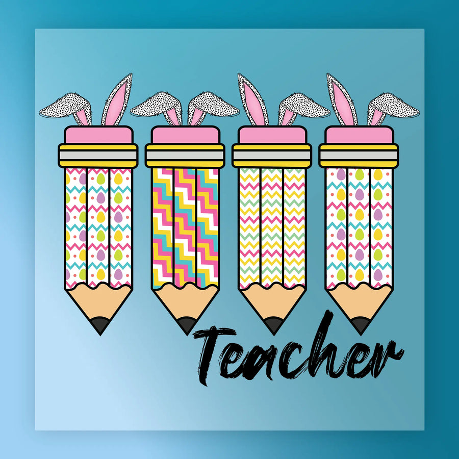 A collection of colorful pencils with bunny ears on top, arranged in a row, with the word "Teacher" written below them.