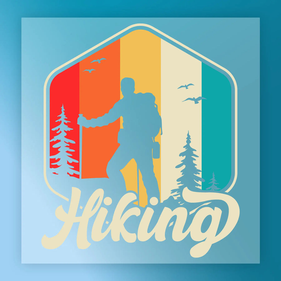 A silhouette of a hiker in a forest setting, with a colorful background and the word "Hiking" prominently displayed.