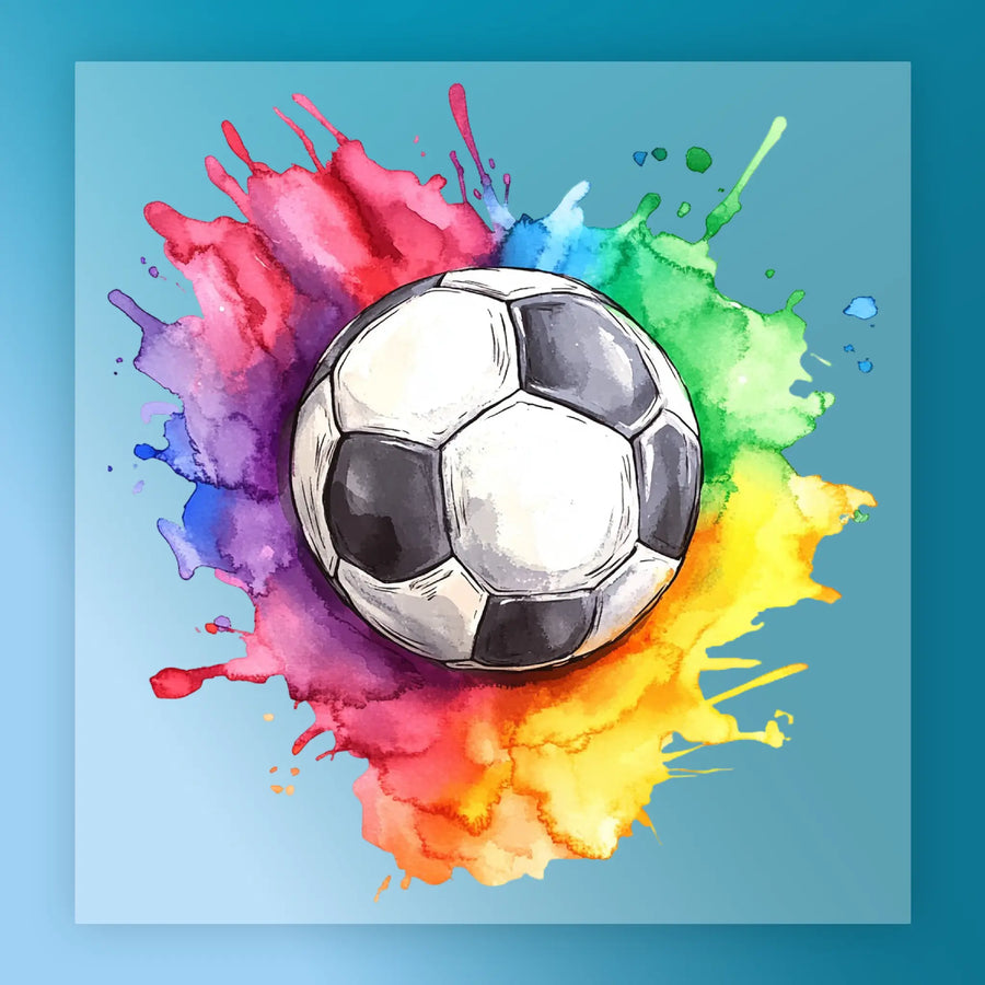 A hand-drawn illustration of a soccer ball surrounded by splashes of various colors, including red, orange, yellow, green, blue, and purple.