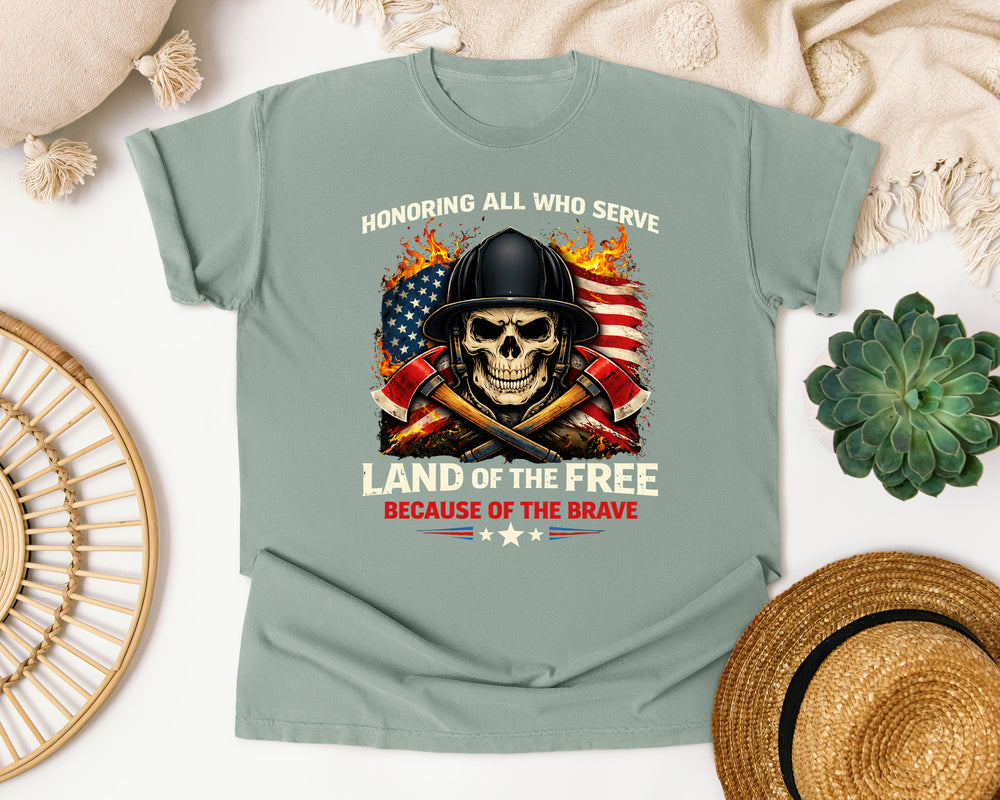 Honoring All Who Serve Firefighter Skull graphic tee in Bay Comfort Colors 1717
