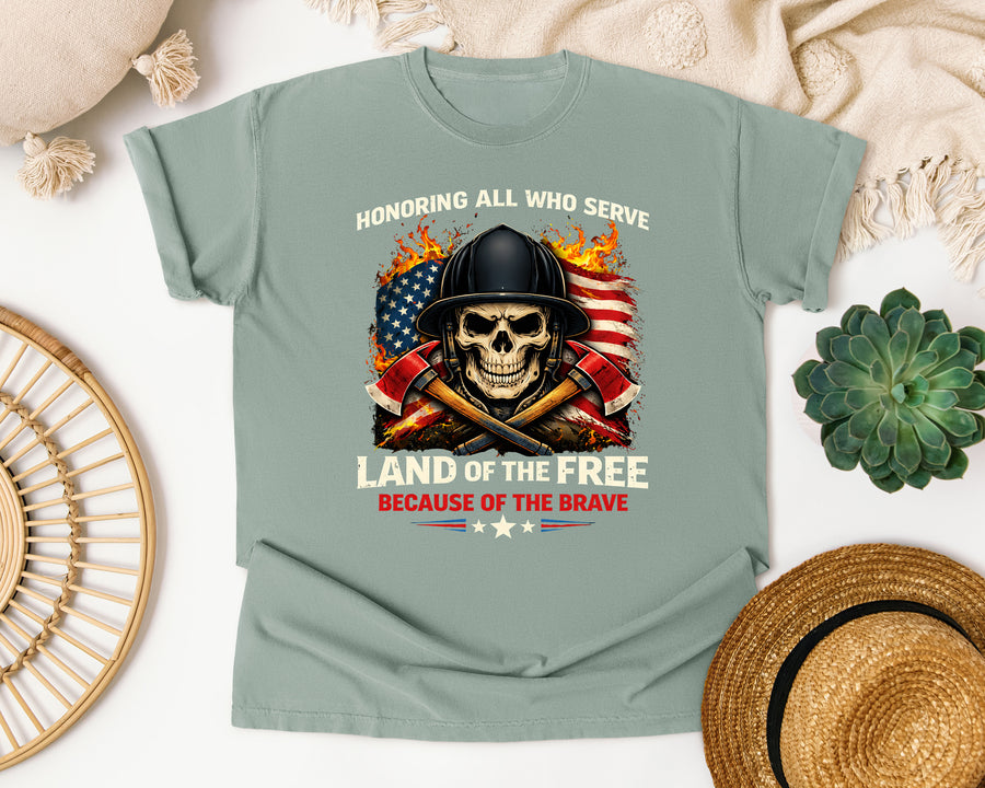 Honoring All Who Serve Firefighter Skull graphic tee in Bay Comfort Colors 1717