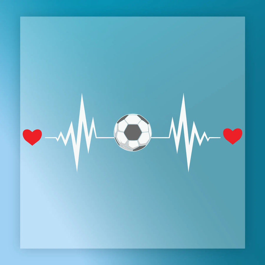 a soccer ball and two red hearts, with a line graph or ECG (electrocardiogram) line representing a person's heart rate.