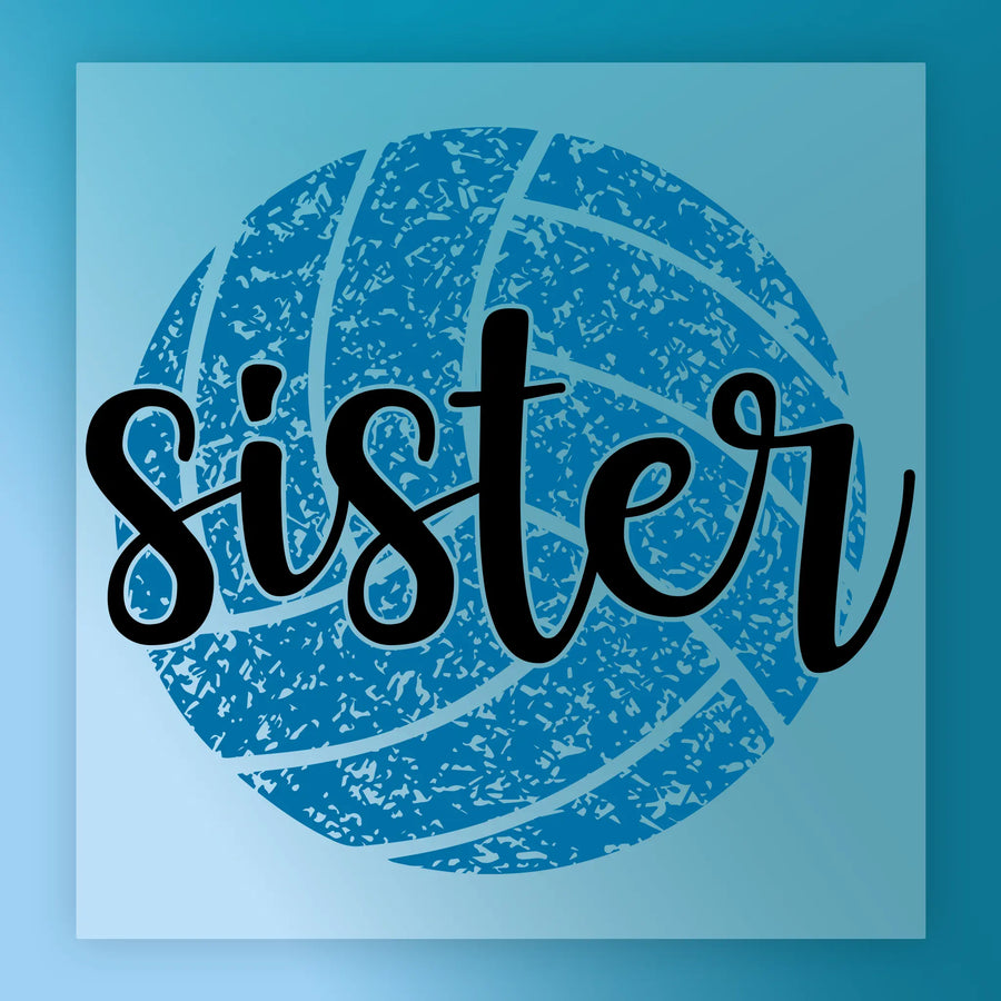 A blue volleyball with the word "sister" written on it in a stylized font.