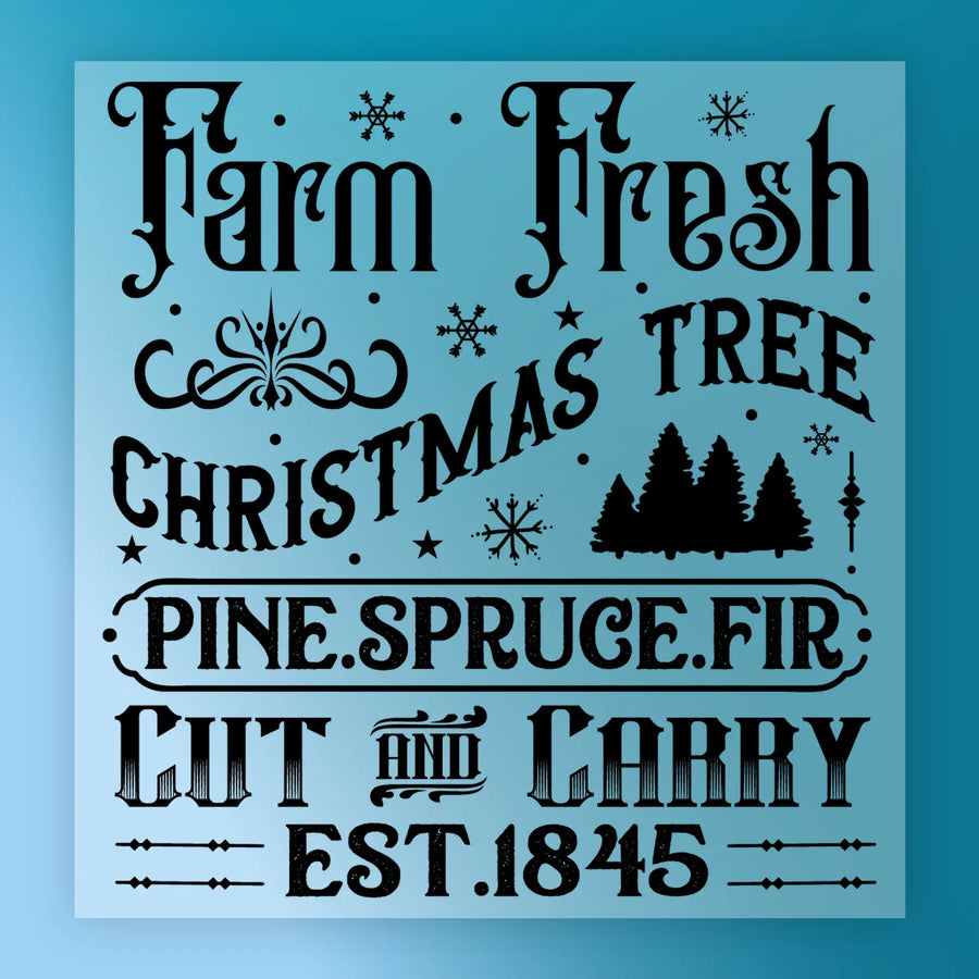 InkMerge’s Farm Fresh Christmas Tree Vintage Design features black text on blue with tree silhouettes, snowflakes, “Pine. Spruce. Fir,” “Cut and Carry,” and “Est. 1845”—ideal for DTF transfers with charming vintage style.