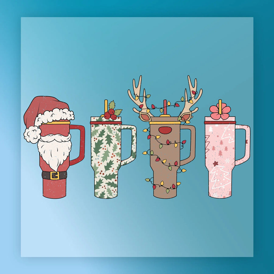 Four InkMerge Festive Drinkware Holiday Design mugs displayed on blue feature Santa, holly leaves, a reindeer with lights, and a pink mug with bow and stars—ideal for your next DTF transfer or heat press project.
