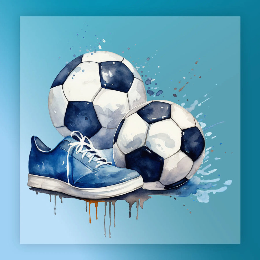 a pair of soccer balls and a blue and white sneaker, with splashes of water and paint around them, creating a dynamic and energetic scene.