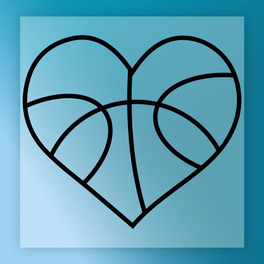A heart-shaped symbol composed of black lines against a blue background.