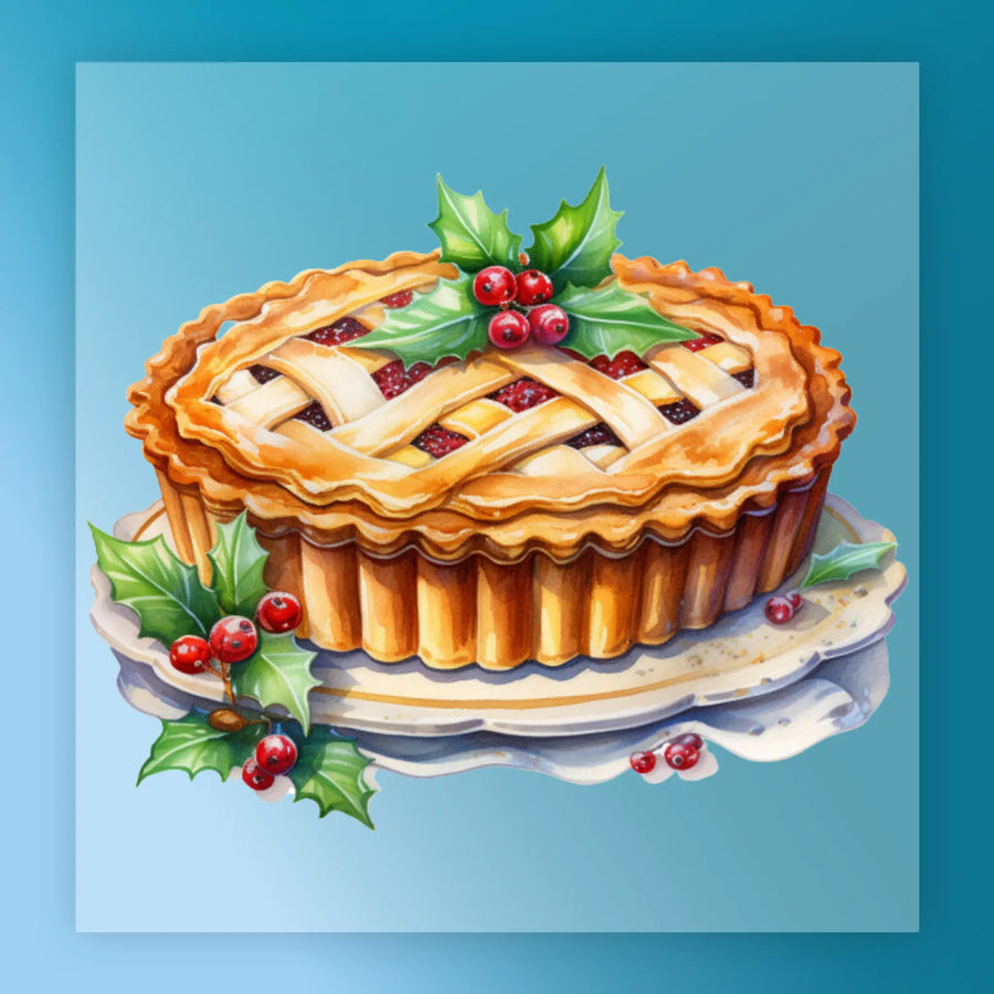 The Watercolor Pie by InkMerge features a lattice-topped pie on a plate with holly and red berries, set against a soft blue gradient—perfect as a ready to press DTF transfer for festive designs.