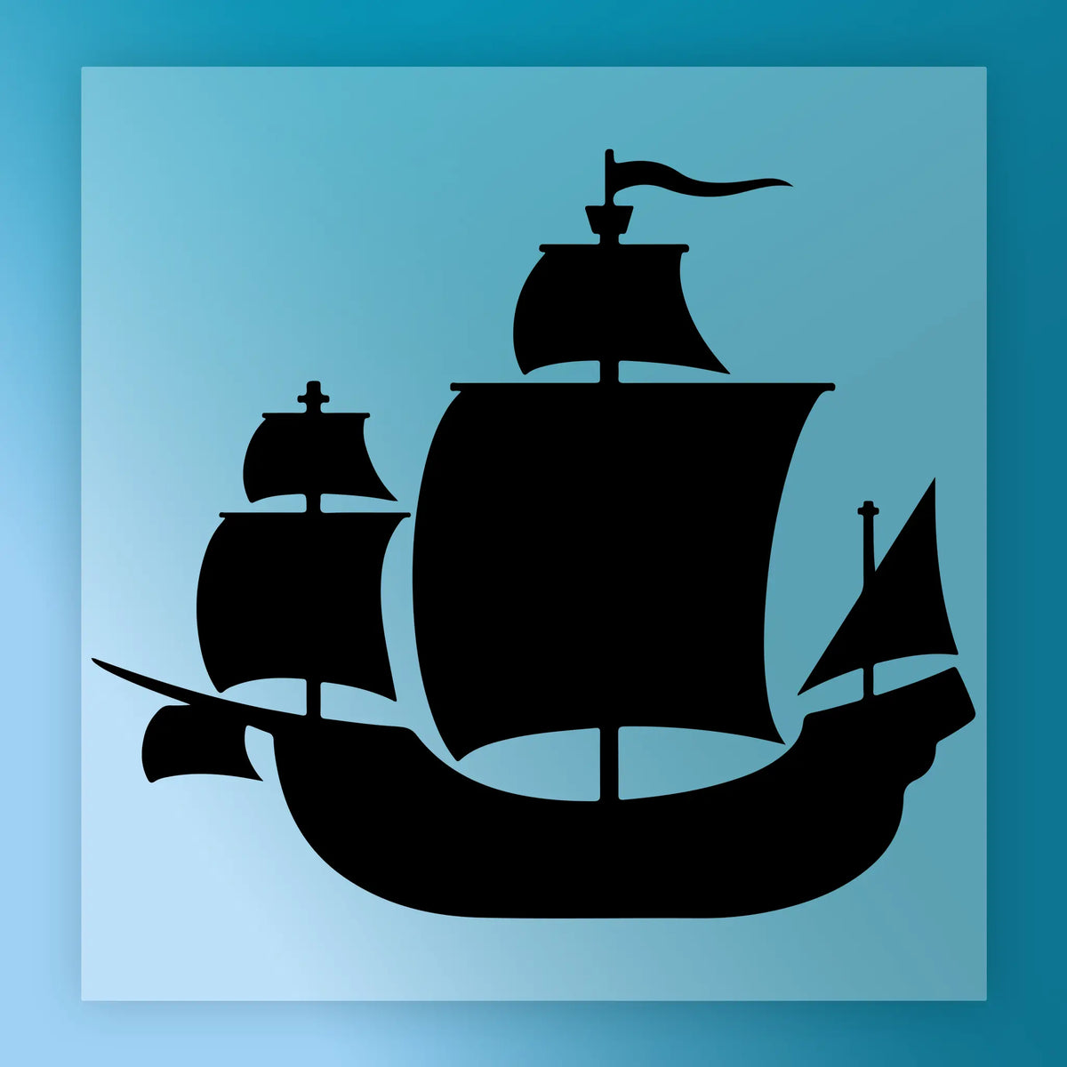 A silhouette of a ship against a blue background.