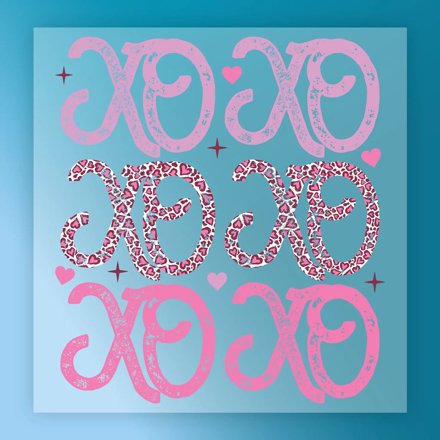 a repeating pattern of pink and white text that reads "XOXO" against a blue background. There are also small pink hearts scattered throughout the image.