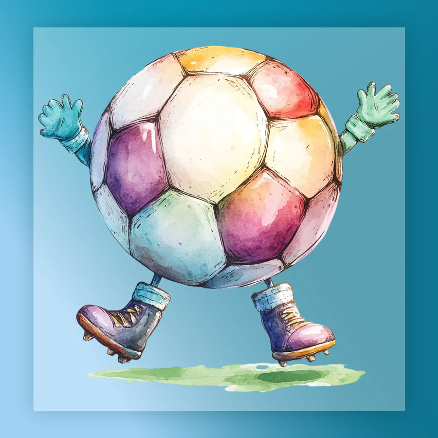 A colorful, whimsical illustration of a soccer ball with anthropomorphic features, including arms, legs, and shoes, set against a blue background.