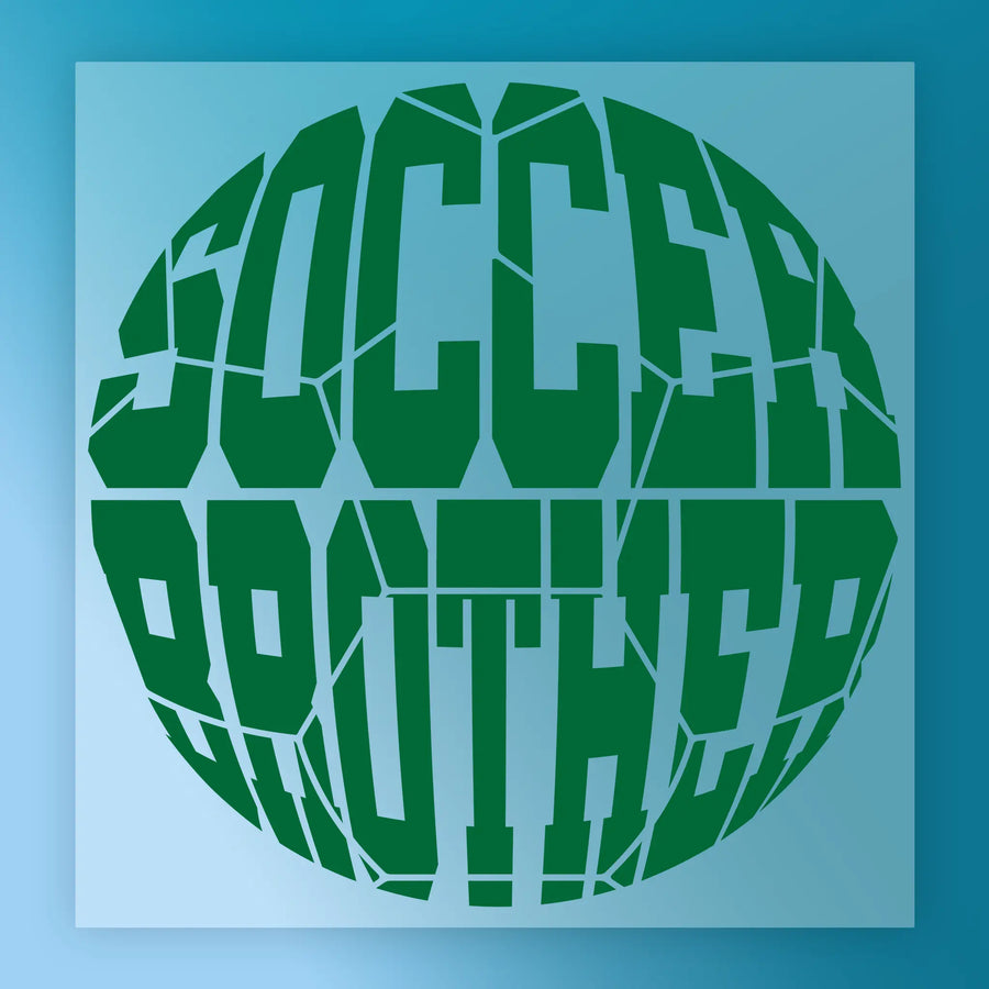the word "SOCCER" in a stylized, circular arrangement of green letters.