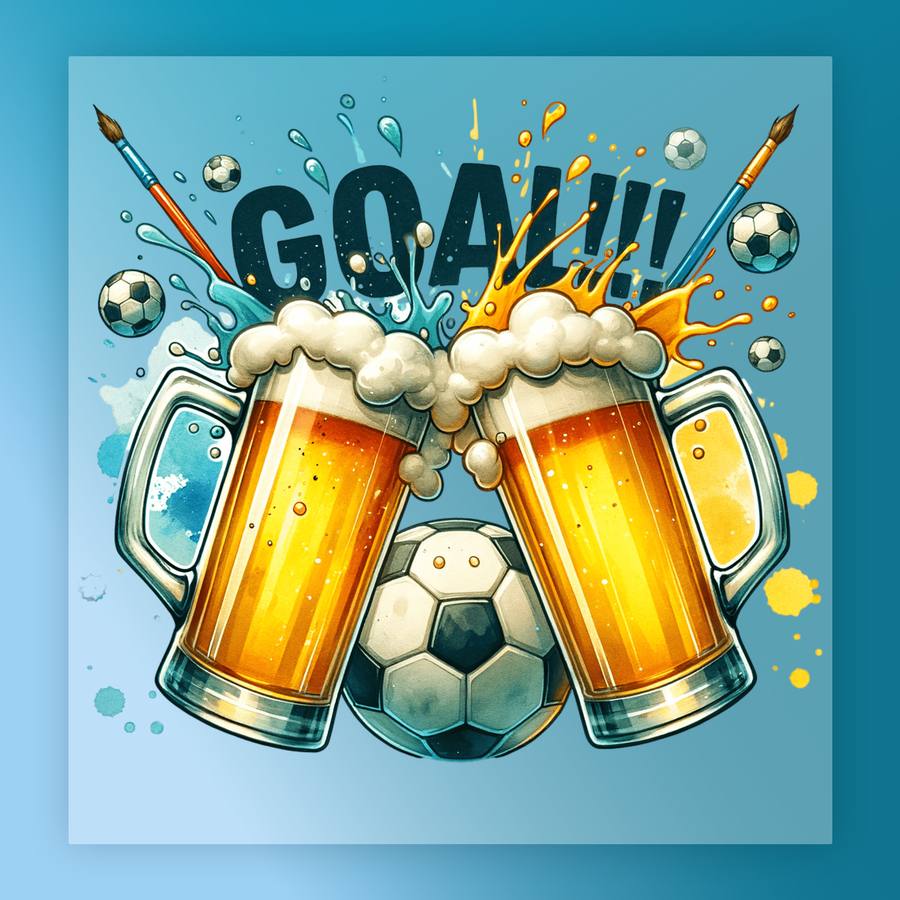 two beer mugs with a soccer ball and a paintbrush, all set against a blue background with splashes of color.