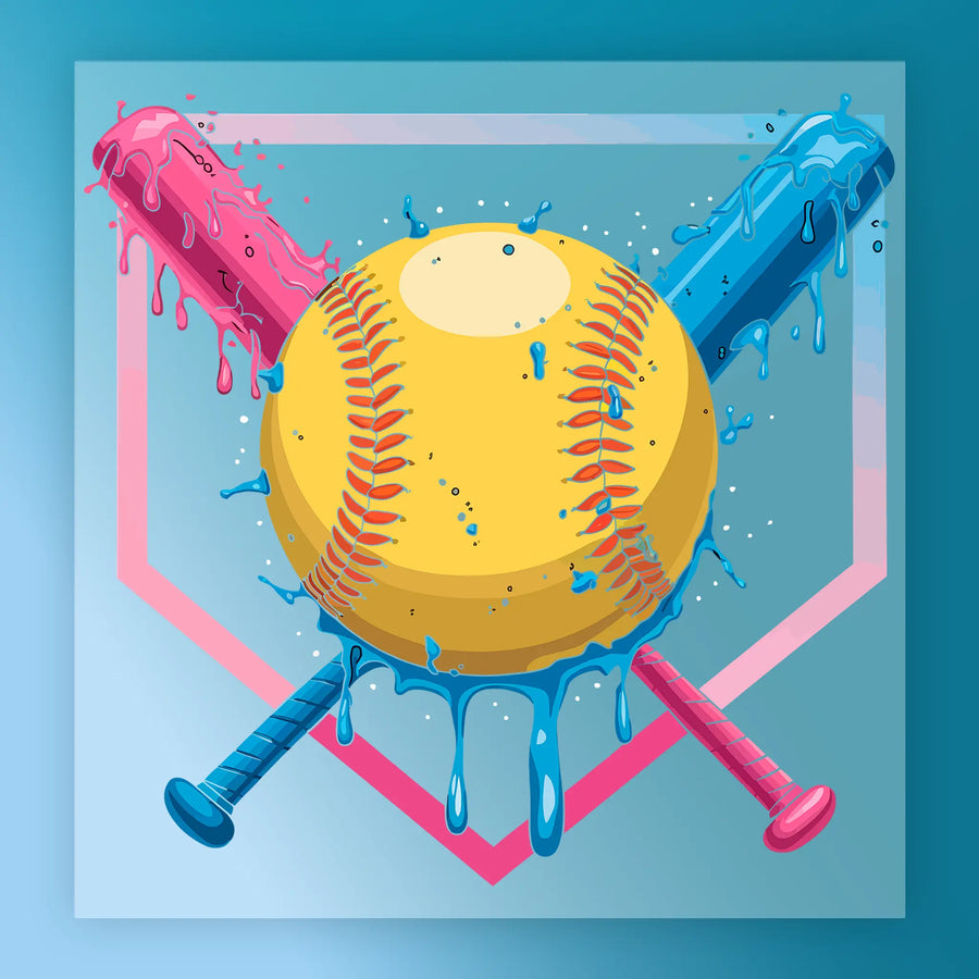 A vibrant illustration of a baseball bat and ball, with the bat appearing in pink and the ball in yellow, surrounded by splashes of blue and pink.