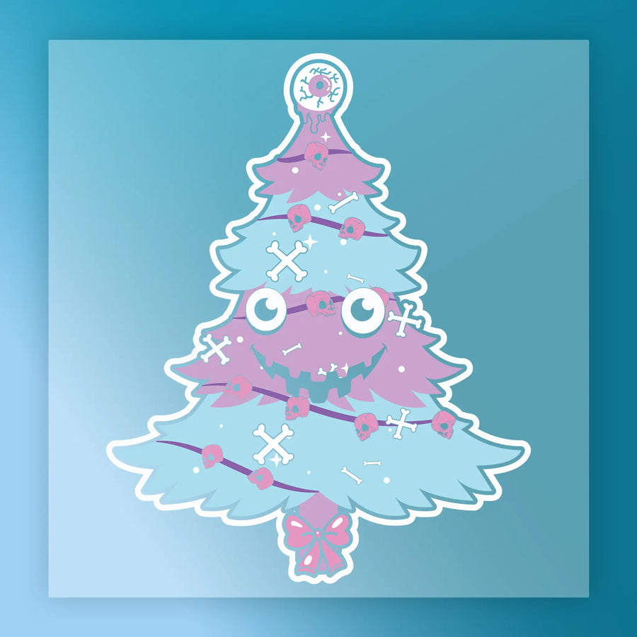 The InkMerge Gothic Christmas Tree Skull Design - Heat Press Ready features a stylized skull with blue and purple branches, bones, skulls, and pink bows—ideal for quirky holiday garments or unique DTF transfers.