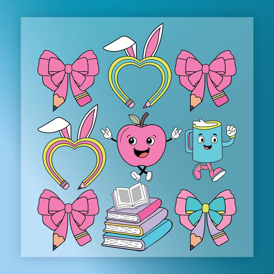 The image is a collage of various cartoon characters and objects, including a heart, a mug, a pencil, a book, and a stack of books, all set against a blue background.