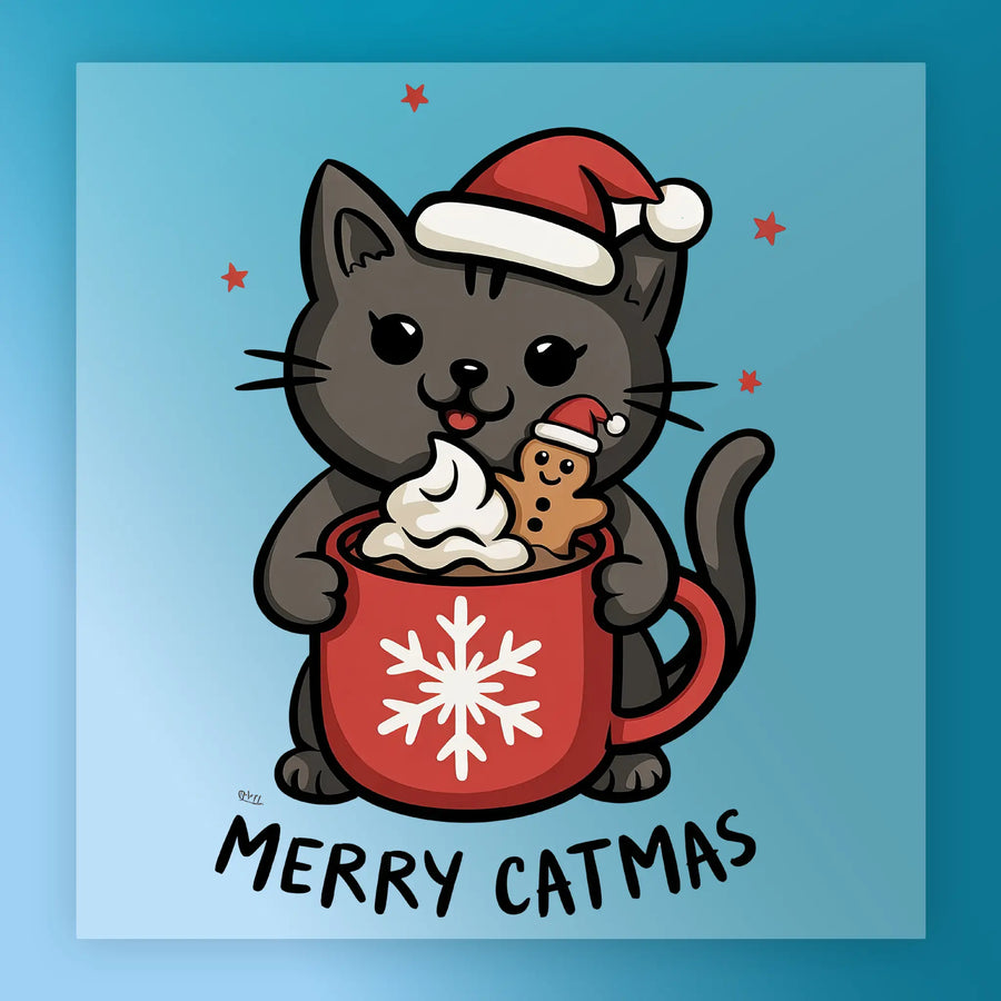 The Merry Catmas Festive Cat Design by InkMerge features a gray cat in a Santa hat holding a red mug with whipped cream and a gingerbread cookie, surrounded by red stars—perfect for DTF transfer or heat press projects.