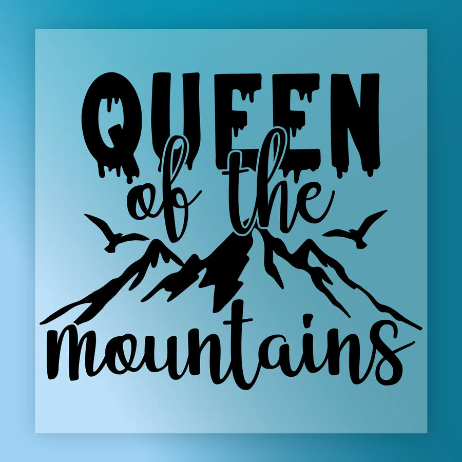 a stylized text that reads "Queen of the Mountains" with a mountain silhouette and birds in the background.