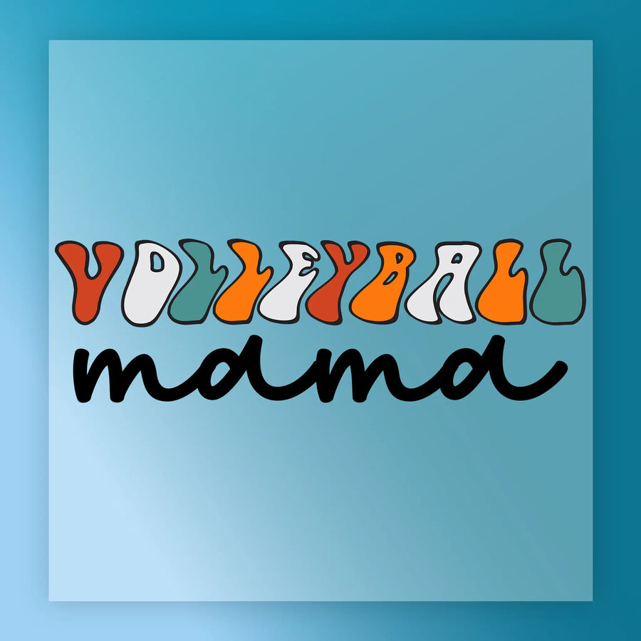 the word "volleyball" written in a stylized font, with the letters in various colors such as orange, green, and blue.