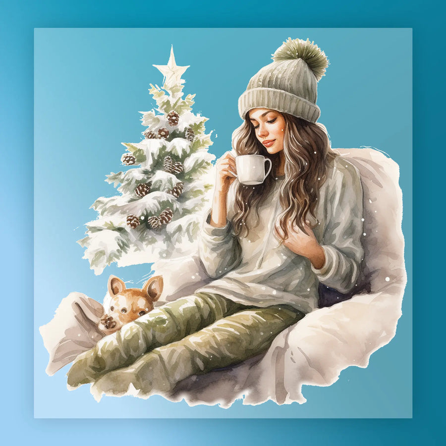 InkMerge's “Serene Winter Scene with Dog and Christmas Tree” features a woman in cozy winter attire holding a mug, her dog resting nearby, with a snowy Christmas tree behind—all on a soft blue gradient, ideal for festive shirt transfers.