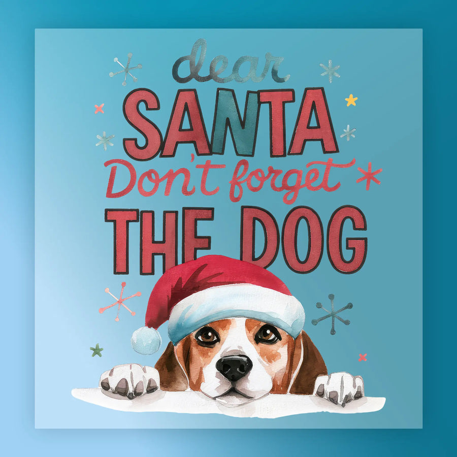 InkMerge "Dear Santa Don't Forget The Dog" features a dog in a Santa hat on a blue, snowflake-filled background with stars—perfect for holiday heat press or DTF transfer gift projects.