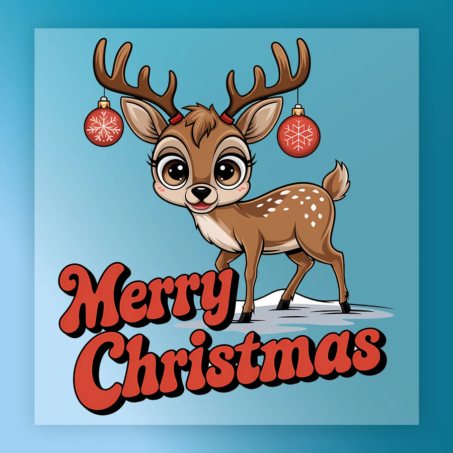 The InkMerge Merry Christmas Reindeer Design features a cute reindeer with antlers adorned in red snowflake ornaments, standing on snow above bold "Merry Christmas" text—ideal for heat press transfer projects on a blue background.