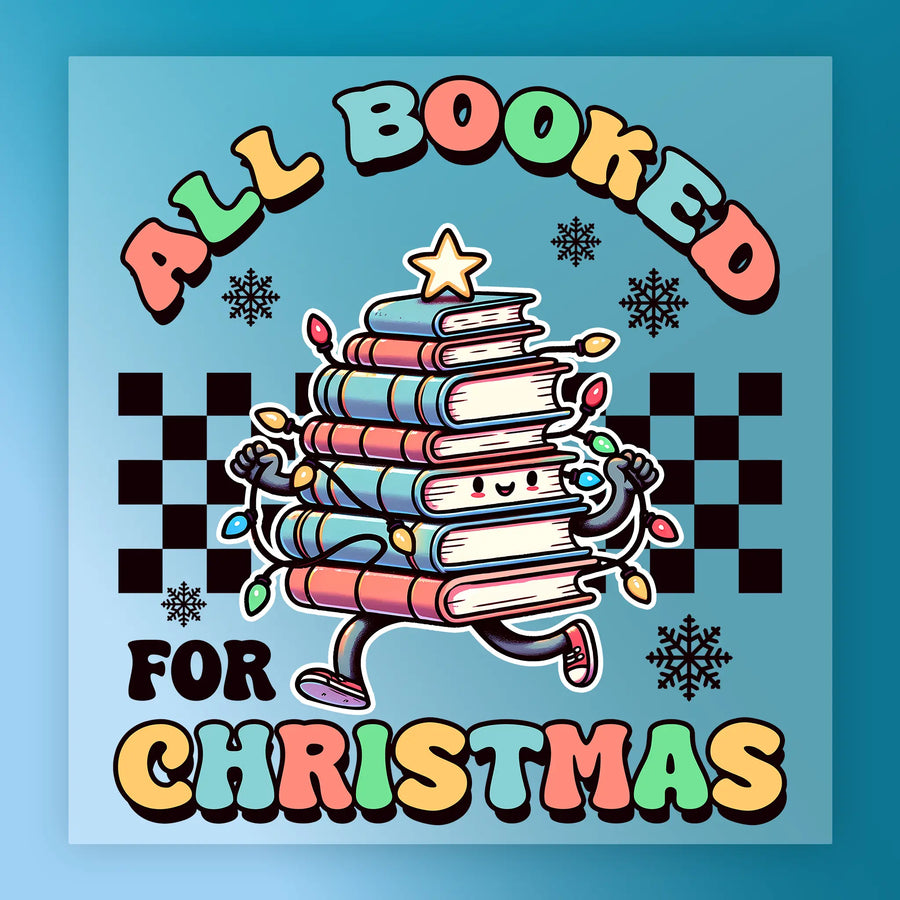 The All Booked Christmas Design by InkMerge features cheerful, colorful books with arms, legs, and Christmas lights topped with a star on a snowy checkered background. Ideal for heat press or DTF transfer. Text: "All Booked for Christmas.