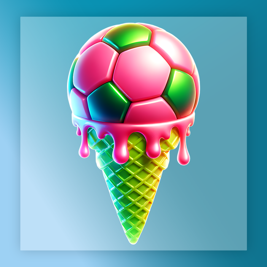 A colorful, abstract representation of a soccer ball melting into an ice cream cone, with a vibrant pink and green color scheme.