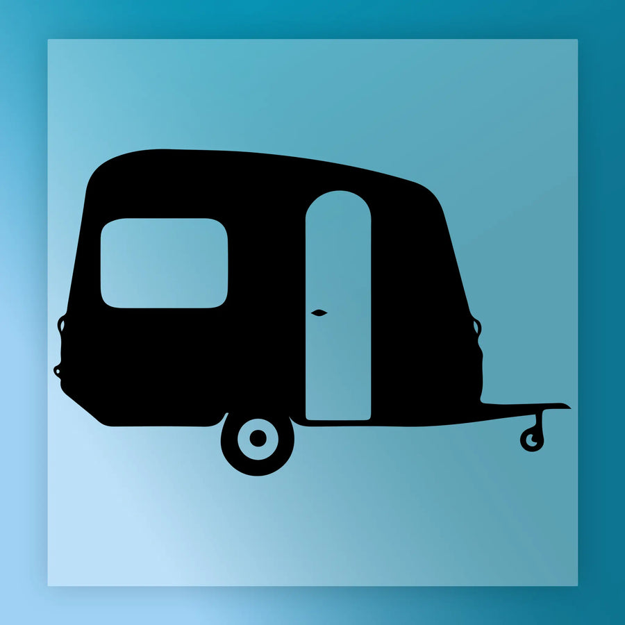 A black silhouette of a camper trailer against a blue background.