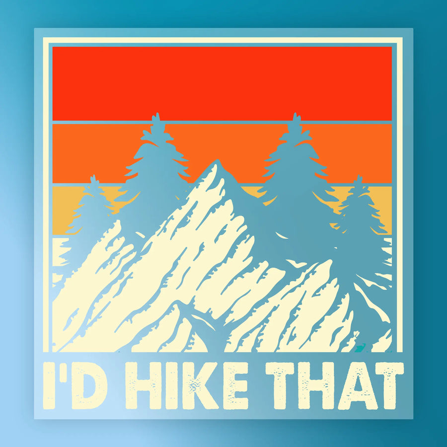 Vintage illustration of mountains, pine trees, and a sunset in red-orange stripes with "The Mountains Are Calling Adventure Quote" by InkMerge—ideal for DTF transfers or heat press designs.