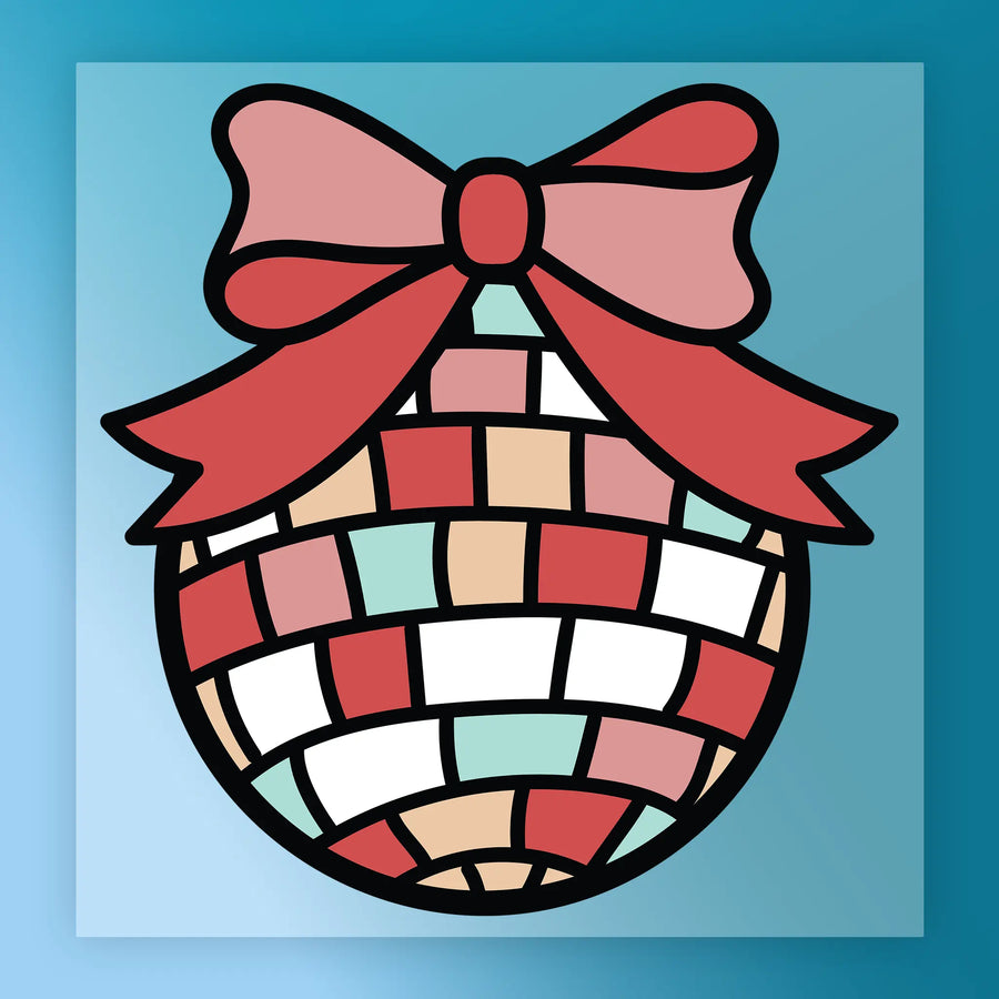 The Patchwork Ornament Design by InkMerge features a round ornament with a red bow and mosaic pattern in red, white, cream, and teal squares on a light blue background—ideal for custom apparel or DTF transfer design fans.